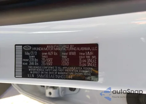 2022 Hyundai Tucson Sel z USA, uszkodzony, nr VIN 5NMJB3AE1NH027144